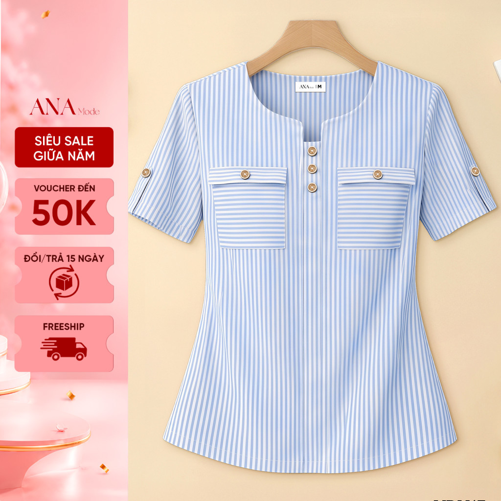 Áo Kiểu Kẻ Sọc Trung Niên ANA Mode Chất Liệu Kate Sọc Thanh Lịch Đi Tiệc Quà Tặng Mẹ AK25VBH17