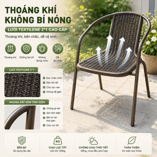 Ghế Cafe Giả Mây Textilene 2*1 Có Tay Vịn Chống Nước Chống Nắng Dùng Trong Nhà Ngoài Trời