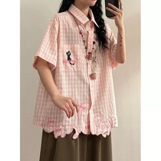 GKSSS Áo sơ mi mới tay ngắn họa tiết mèo Nhật Bản chất lượng cao phong cách trung tính phong cách đại học