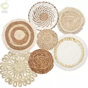 Khay dệt bằng rơm ROLY Trang trí tường, Giá treo tường bằng rơm chống trượt Boho, Giỏ tròn chịu nhiệt Macrame dân tộc Bàn ăn lót ly dệt
