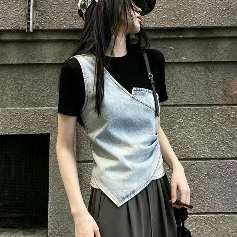 [Hàng mới về] Áo thun ngắn tay giả hai mảnh dáng rộng phiên bản bụng mùa hè Niche Fashion Casual Top (Không quyết định)