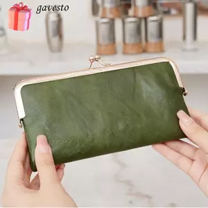 Ví dài GAVESTO, Hộp đựng thẻ gấp đôi Kiss Lock, Ví công suất lớn màu trơn đa chức năng cổ điển dành cho nữ