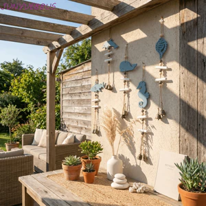 JUNYUE88US Mặt dây chuyền đại dương bằng gỗ, Phong cách Địa Trung Hải theo chủ đề biển treo tường, Hàng thủ công Động vật biển có chuông Chuông gió cá heo Trang trí sân hiên
