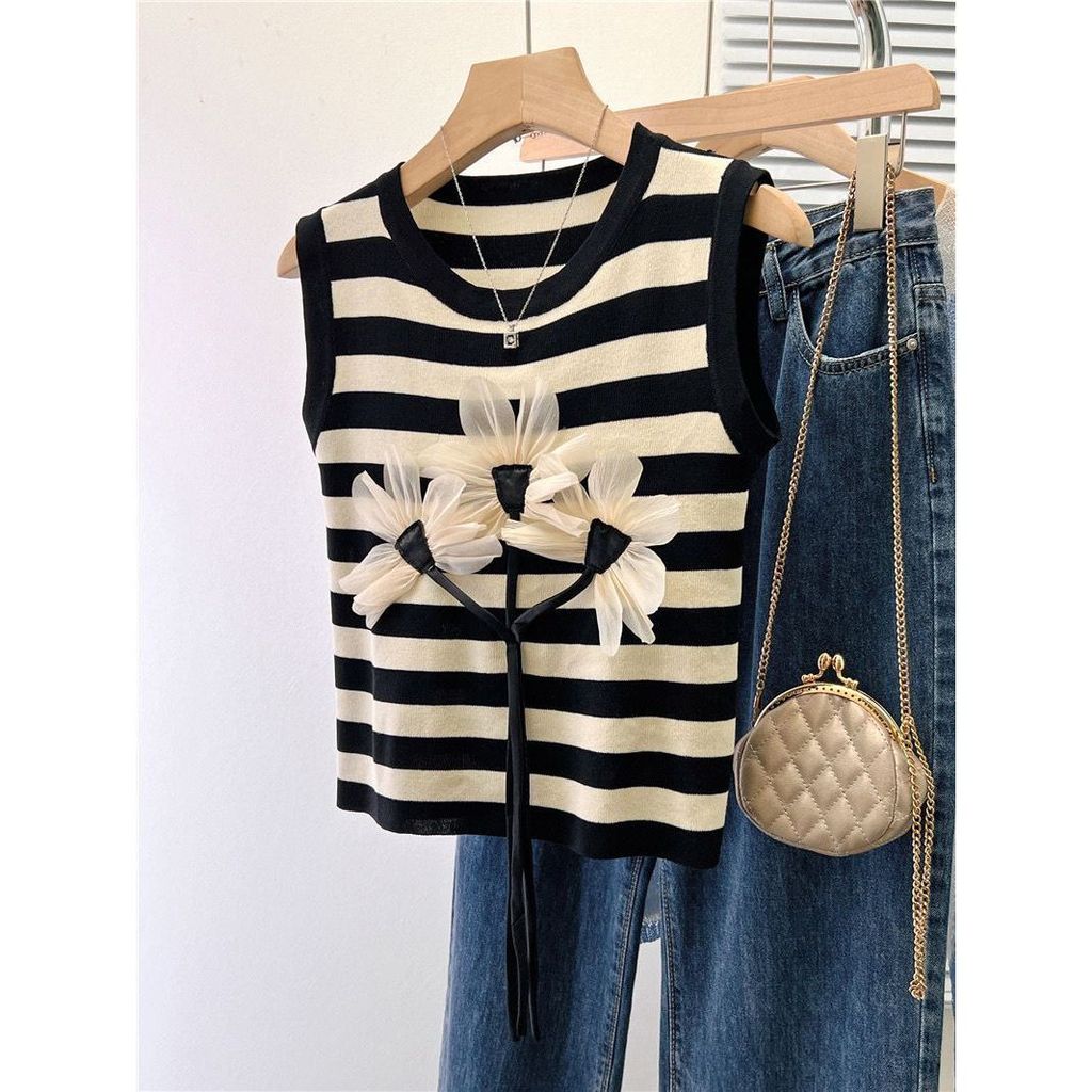 Milyfashion Rời Kích Thước Lớn Lười Ba Chiều Hoa Không Tay Sling Mùa Hè Phong Cách Mới Ngắn Mỏng Hơn Nhìn Top
