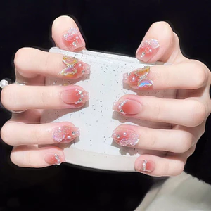 Miếng Làm Móng Tay Ngọt Ngào Dễ Thương Màu Trắng Nữ Tính Phong Cách Bướm Hoa Blush Vừa Dài Đeo Móng Tay