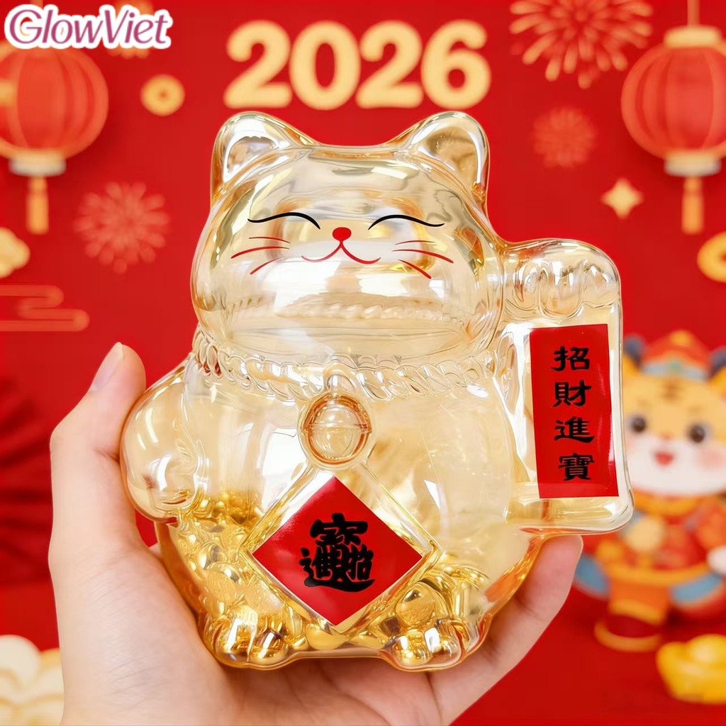 Bình Đựng Tiền Mèo May Mắn Bằng Thủy Tinh,Ống heo tiết kiệm thủy tinh,nhỏ xinh đẹp, lưu trữ tiền vàng