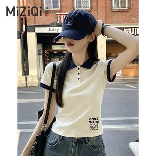 [MIZIQI] Áo thun ngắn tay cổ Polo phong cách Hàn Quốc dành cho nữ, Áo ngắn màu tương phản mùa hè