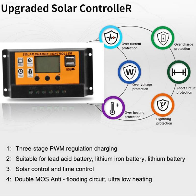 Bộ điều khiển năng lượng mặt trời LCD MUQV 12V / 24V 30A 20A 10A Bộ điều chỉnh sạc năng lượng mặt trời Bộ sạc pin PWM Màn hình LCD USB kép 5V 2.5A Đầu ra MOS n