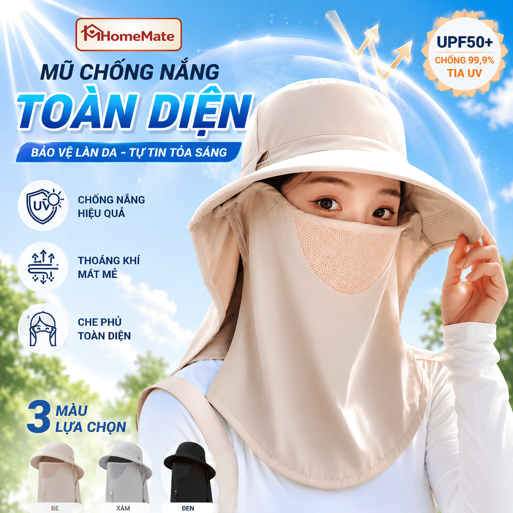 Mũ Chống Nắng UV 99% HomeMate Kèm Khẩu Trang Che Cổ Tháo Rời, Nón Chống Nắng Toàn Diện Đi Xe Máy Thoáng Khí