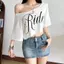 Hợp Thời Trang In Off-Waist Short Top xiên Vai Độc Đáo May Không Đều Viền Nhóm Cô Gái Khiêu Vũ Hàng Ngày Áo Thun Phù Hợp