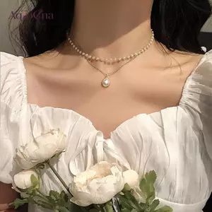 AqToCna Ngọc Trai Thời Trang Nelace Nữ Tinh Tế Hai Lớp Xương Đòn Dây Xích Nelace Choker Trang Sức Dành Cho Nữ Quà Tặng AqToCna