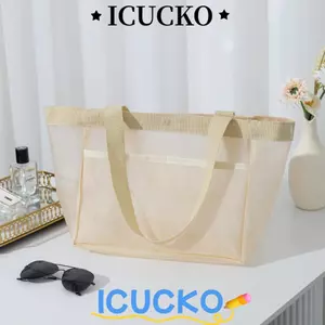 Túi đeo vai ICUCKO, Túi lưới đi biển trong suốt, Túi đựng đồ trang điểm rỗng dung tích lớn đa chức năng Du lịch