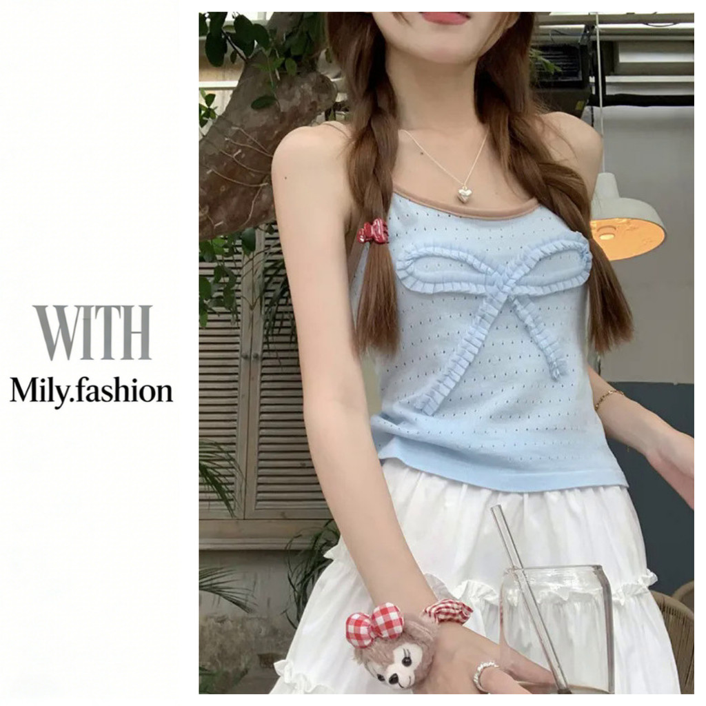 Milyfashion Ba Lê Phong Cách Pure Desire Nơ Dệt Kim Sling Bên Ngoài Mặc Không Tay Áo Ngắn