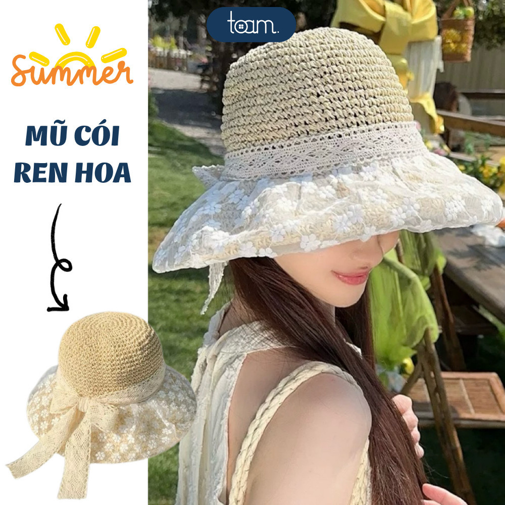 Mũ Cói Ren Hoa Vintage HomeMate Nữ Đi Biển, Mũ Chống Nắng Vành Rộng Phối Nơ Thanh Lịch Phong Cách Hàn Quốc