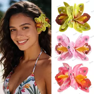 PYCOU Kẹp Tóc Hoa Hawaii, Hoa Nhân Tạo Ngọc Trai Trang Trí Hoa Nhân Tạo Kẹp Tóc, Thanh Lịch Boho Hoa Lan Kẹp Tóc Nữ Trang Trí Tóc