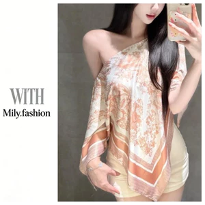 Milyfashion Áo Sơ Mi Mùa Hè Màu Hồng In Hình Slanted Vai Đảo Phong Cách Kỳ Nghỉ Phong Cách Mới TERZ