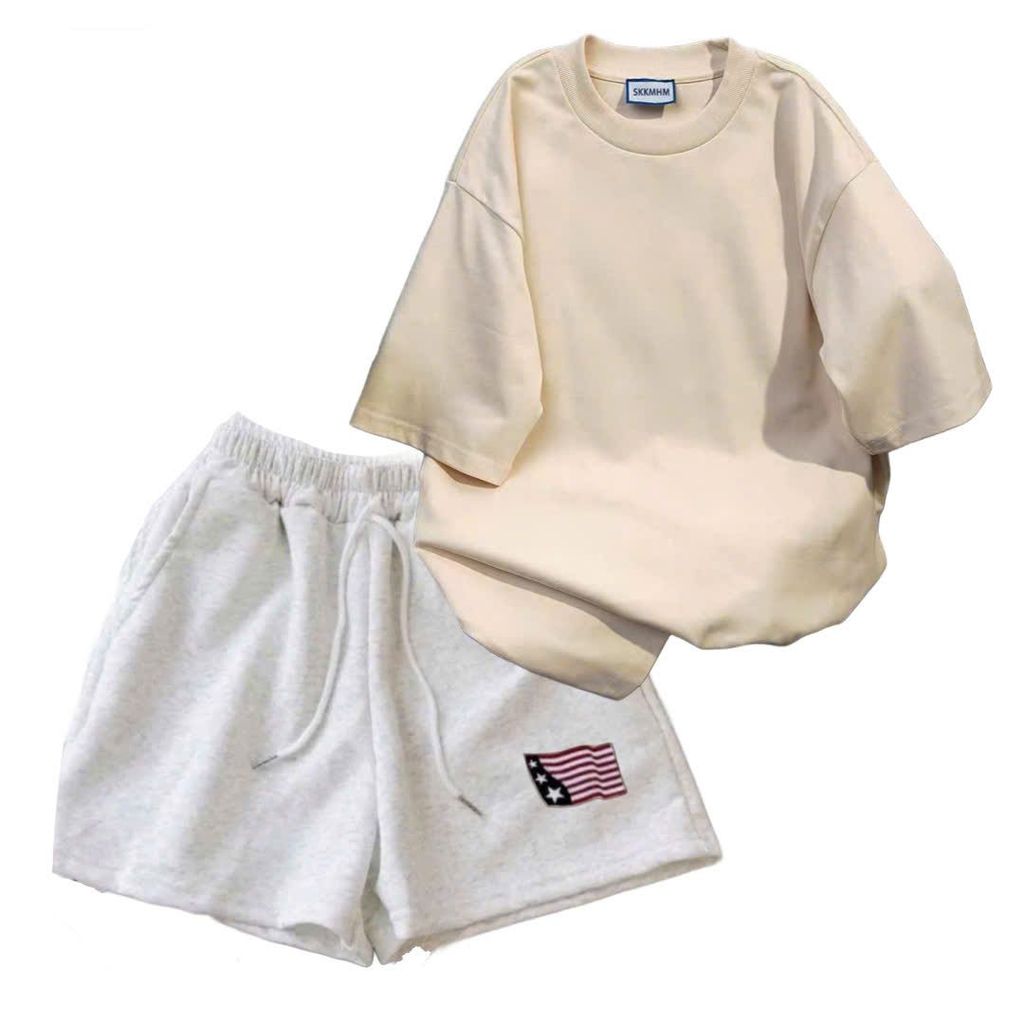 sét bộ đồ nữ quần đùi cộc xám tiêu cờ mỹ dáng ngắn + mix áo phông trơn form nam nữ unisex