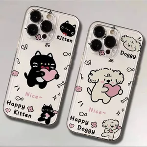 Ốp lưng trong suốt cặp đôi mèo chó trái tim cho iPhone 11/12/13/14/15/16/17 Pro Max