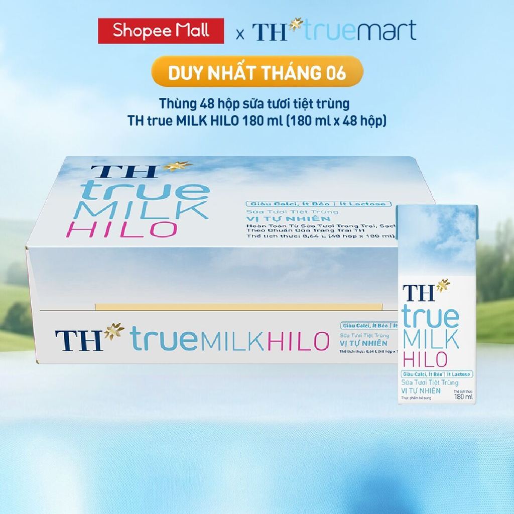 Thùng 48 hộp sữa tươi tiệt trùng TH true MILK HILO vị tự nhiên 180 ml (180 ml x 48)