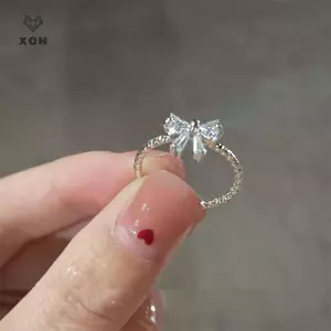 Nhẫn nơ trắng đáng yêu lãng mạn mới đến dành cho nữ Nhẫn nơ sáng bóng dành cho nữ Nhẫn có thể điều chỉnh Nhẫn trái tim nữ tính ngọt ngào [Mina]