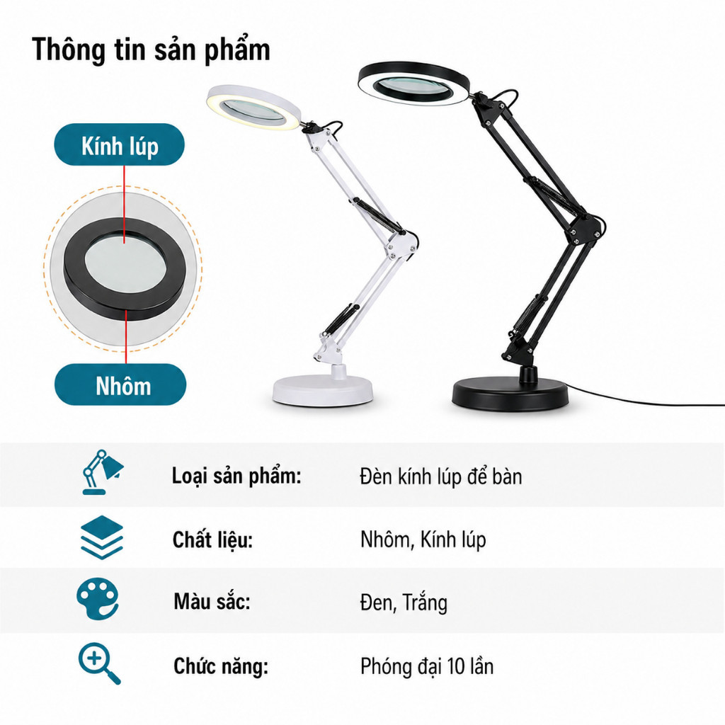 Kính lúp kẹp bàn tích hợp đèn kính lúp Led 12W, biến hóa linh hoạt thành kính lúp để bàn khi cần