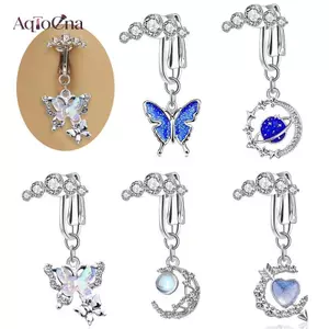 AqToCna Giả Bụng Nhẫn Dangling Rốn Nữ Bướm Trái Tim Mặt Trăng Tòn Ten Kẹp Trên Bụng Nút Nhẫn Không Xuyên Trang Sức AqToCna