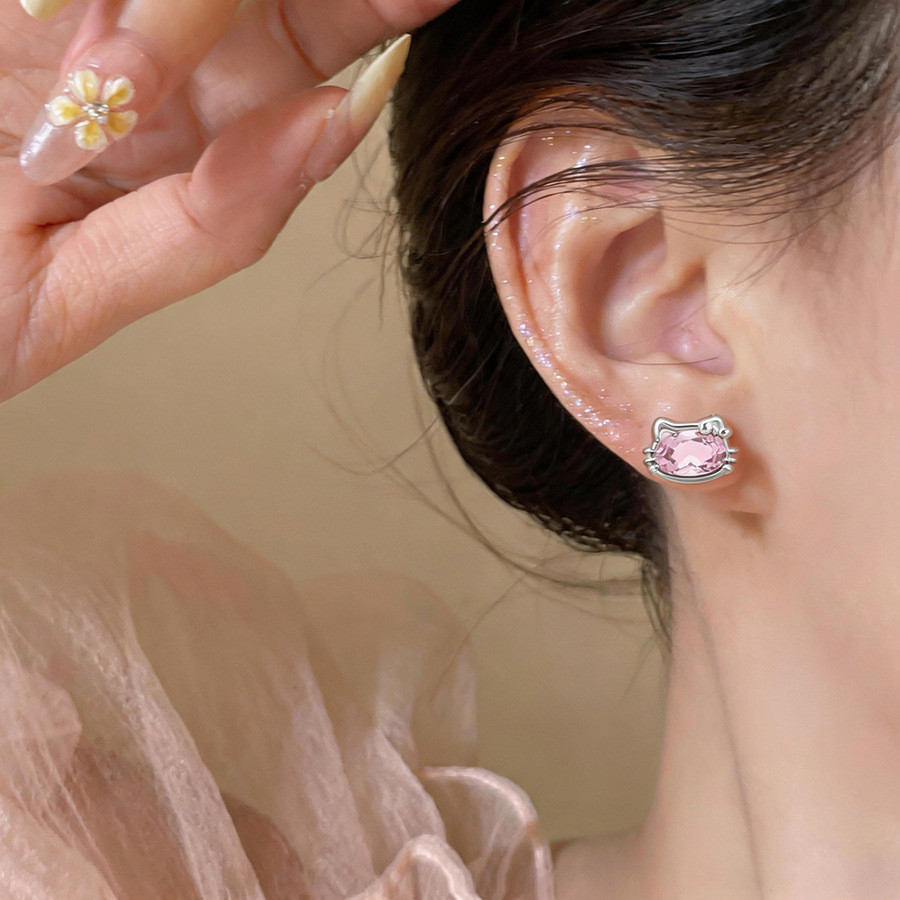 Bông tai hình mèo dễ thương, Bông tai hình trái tim màu hồng kim cương giả màu bạc Đinh tán động vật nhỏ Kawaii Trang sức tai hàng ngày dành cho nữ Cô gái