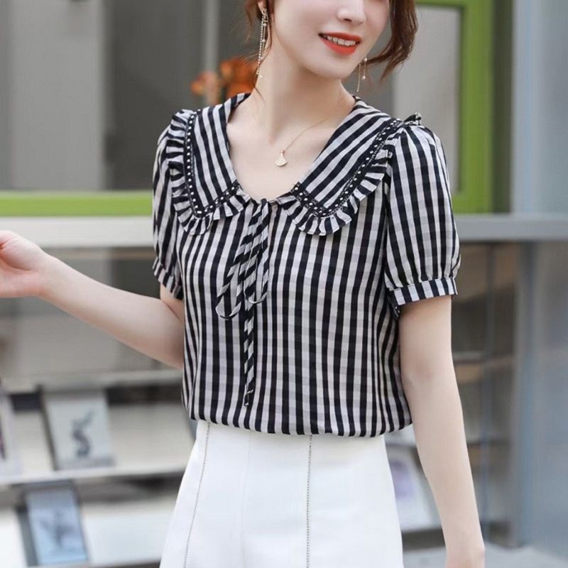 Áo thun voan đẹp và thời trang mùa hè mới phiên bản Hàn Quốc dáng rộng kẻ sọc cổ điển dành cho nữ