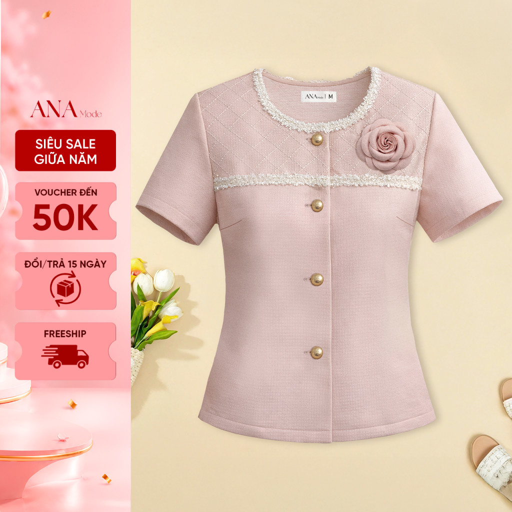 Áo Kiểu Đính Hoa Trung Niên ANA Mode Chất Liệu Dệt Cao Cấp Thanh Lịch Đi Chơi Quà Tặng Mẹ AK25VHH10