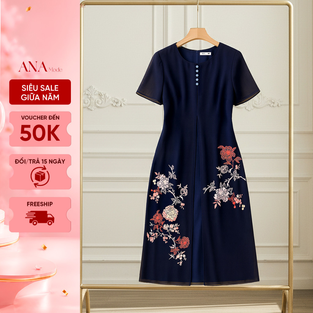 Đầm Thêu Hoa Trung Niên ANA Mode Chất Liệu Chiffon Phối Lụa Thanh Lịch Đi Tiệc Quà Tặng Mẹ DM25CHC01