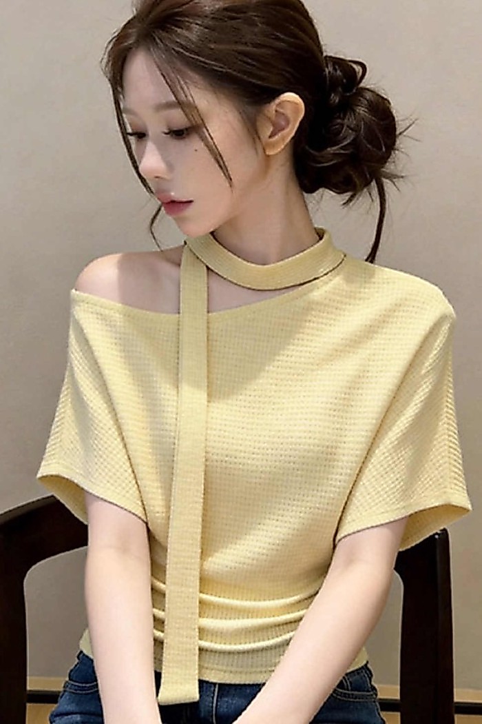 Áo thun ngắn tay dây đeo vai xiên nữ xuân hè phong cách mới eo lệch vai áo crop top