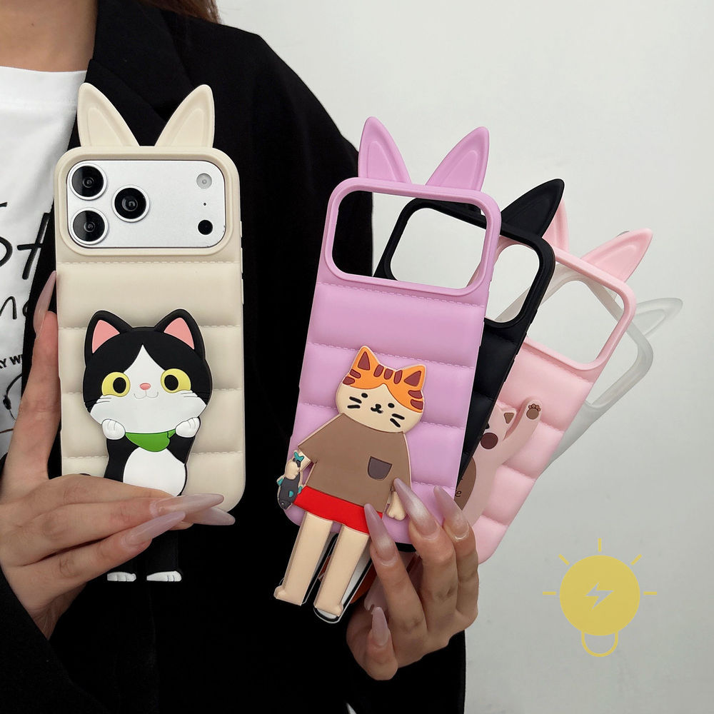 Phone Case For iPhone 17 Pro Max 16 15 14 13 12 with Griptok TPU Cartoon Cat with Griptok Ear Fox Aesthetic Korean Cute