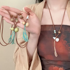 Mới Phong Cách Trung Quốc Gốm Bầu Mặt Dây Chuyền Vòng Cổ Nữ Phong Cách Trung Hoa Đính Hạt Áo Len Có Thể Điều Chỉnh Dây Chuyền Vòng Cổ Sáng Tạo Độc Đáo