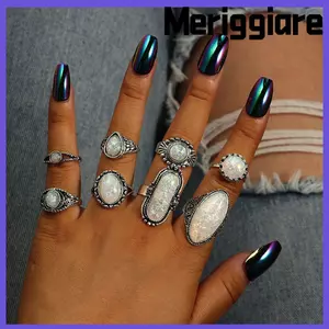 MERIGGIARE 8 Cái / bộ Bộ Nhẫn Nữ Thời Trang Trong Suốt Trắng Opal Đá Khắc Trang Sức Bohemian