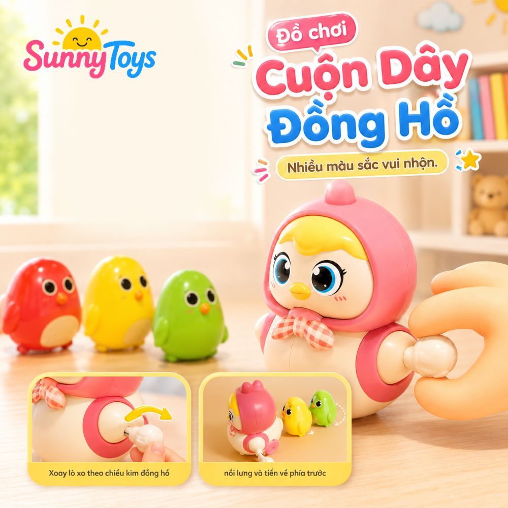 Bộ 4 Gà Con Vặn Cót SunnyToys - Đồ Chơi Nam Châm Nối Đuôi Xoay 360 Độ Cho Bé