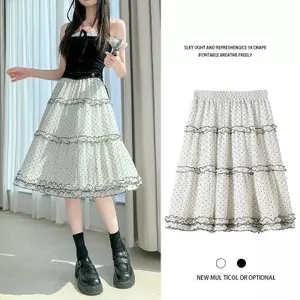 Váy chấm bi viền nấm mùa hè nữ co giãn nhỏ lưng cao ôm hơn trông thường ngày bánh chữ a Váy dài vừa phải
