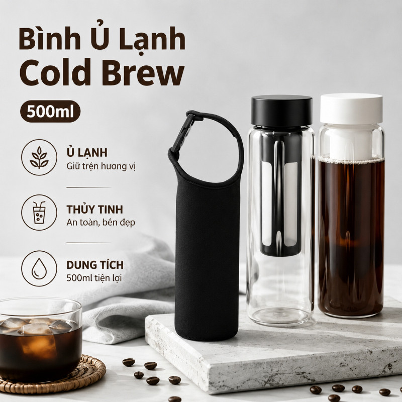 Bình Ủ Lạnh Cold Brew 500ml,Thủy Tinh An Toàn,Dễ Vệ Sinh,Dễ Mang Theo,Kèm Túi Chống Sốc,Gia Đình Và Văn Phòng