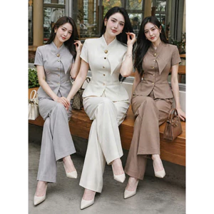 Set Bộ VEST Nữ Dài CÔNG SỞ Tay Ngắn THỜI TRANG Thiết Kế Xu Hướng PHỐI NÚT Kèm Phụ Kiện Thanh Lịch HIYU 66 STORE