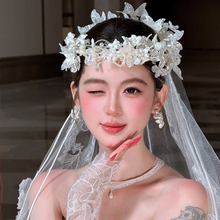 1 Chiếc Siêu Tiên Cô Dâu Hoa Trắng Với Ngọc Trai Trắng Băng Đô Quấn Tóc