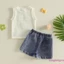 Trang phục bé gái không tay cổ tròn Apple Appliques Tank Tops + Bộ quần short Denim