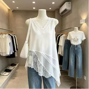 Phong cách mới mùa hè, Size lớn Fat mm Loose Cover Fat Slimer Look Stitching Ren vát viền áo Vest không tay
