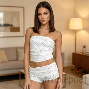 MAPLEPOET-Áo mùa hè dành cho nữ Bộ chấm in hình ống hở lưng không dây + Quần short lưng co giãn Trang phục 2 món