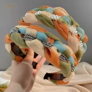 PNPIA- Thời Trang Ngọt Ngào Retro Tóc Cho Nữ Cô Gái Xoắn Đan Băng Đô Quấn Tóc Nhiều Màu Sắc Dệt Ngọc Trai Rộng Mũ Phụ Kiện Tóc