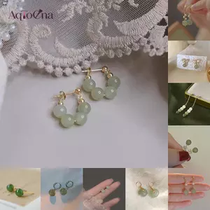AqToCna Vintage Mới Phong Cách Trung Hoa Bông Tai Ngọc Nữ Giả Tinh Tế Ngọc Chalcedony Bông Tai AqToCna