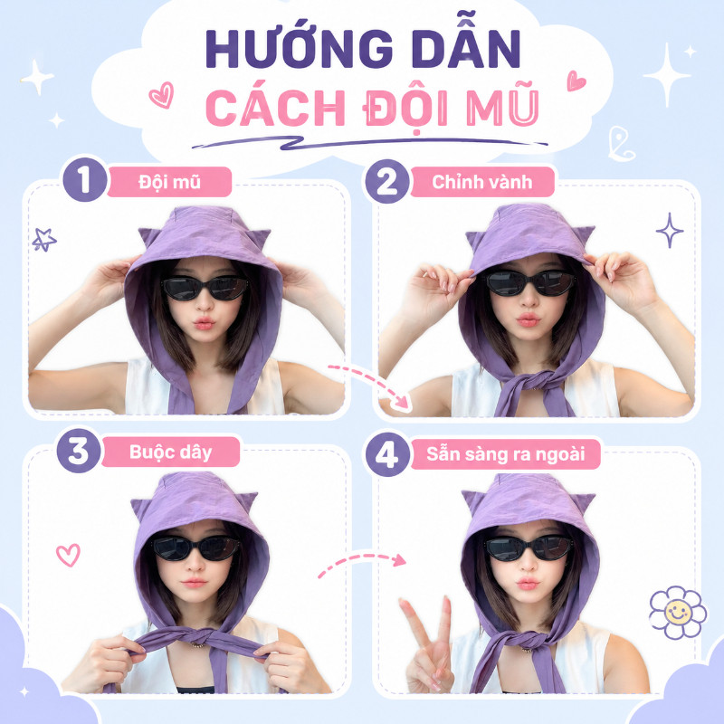Mũ Chùm Đầu Chống Nắng Tai Mèo Dễ Thương, Mũ Trùm 3/4 Có Dây Đeo, Che Mặt Cổ Đi Chơi Du Lịch Đa Năng
