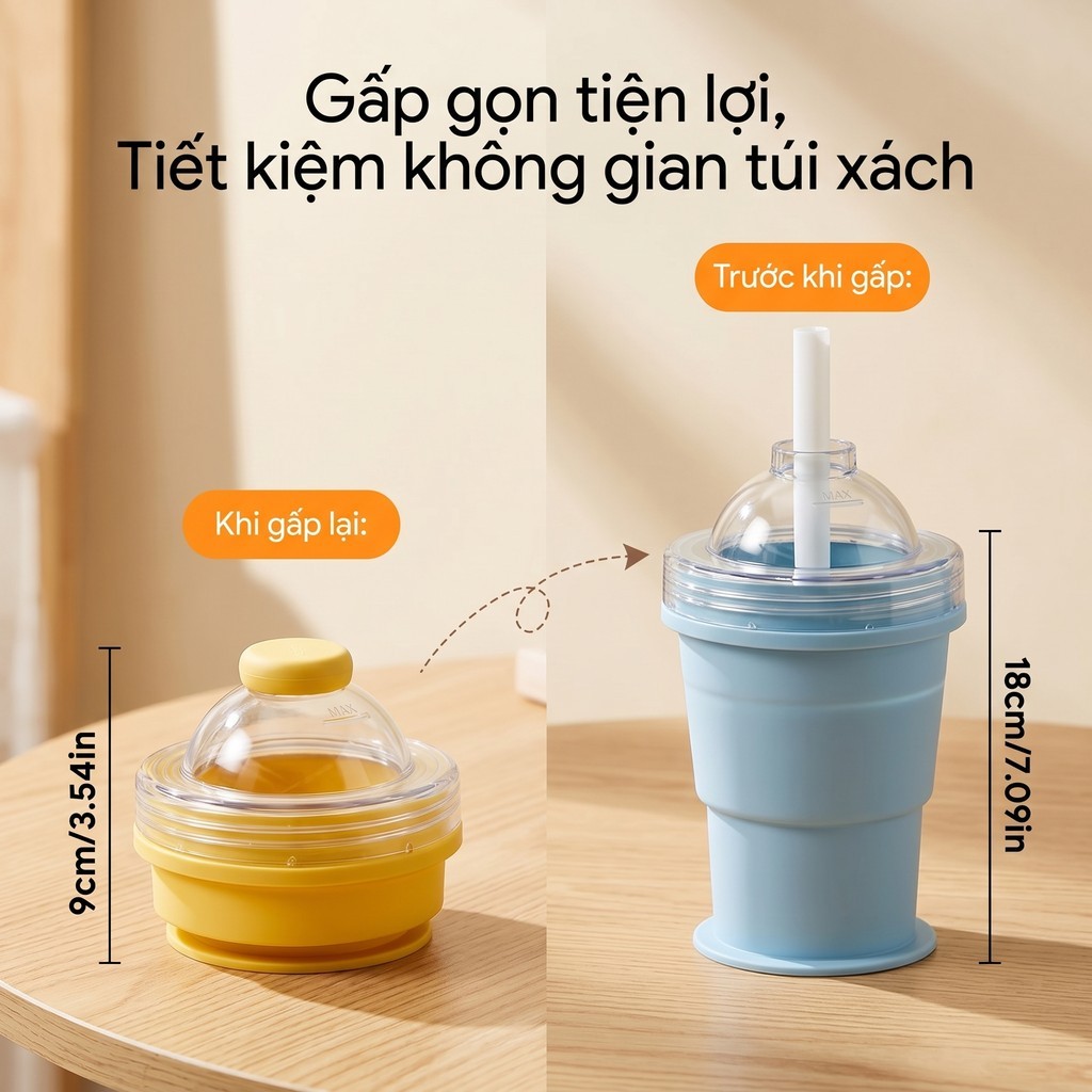 Cốc silicon gấp gọn, chất liệu thực phẩm chống rò rỉ kèm ống hút, dung tích lớn,cốc làm đá đa năng