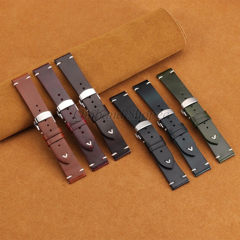 Bướm Khóa - Vintage Sáp Dầu Da Thật Dây Đeo Đồng Hồ 18mm 20mm 22mm Phát Hành Nhanh Dây Đồng Hồ Thay Đổi Màu Sắc Kinh Doanh Vòng Tay Da Bò Cho Nam Nữ