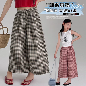 Bé Gái Kiểm Tra Quần Thẳng Mùa Hè Vải Lanh Cotton Mỏng Quần 90-170 Size 9CXZ