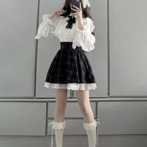 Nana Phong Cách Mặc Đen Trắng Phong Cách Con Gái Phong Cách Ren Nguyên Chất Phong Cách Dài Tay Áo Top Nửa Váy Phù Hợp Với Nữ
