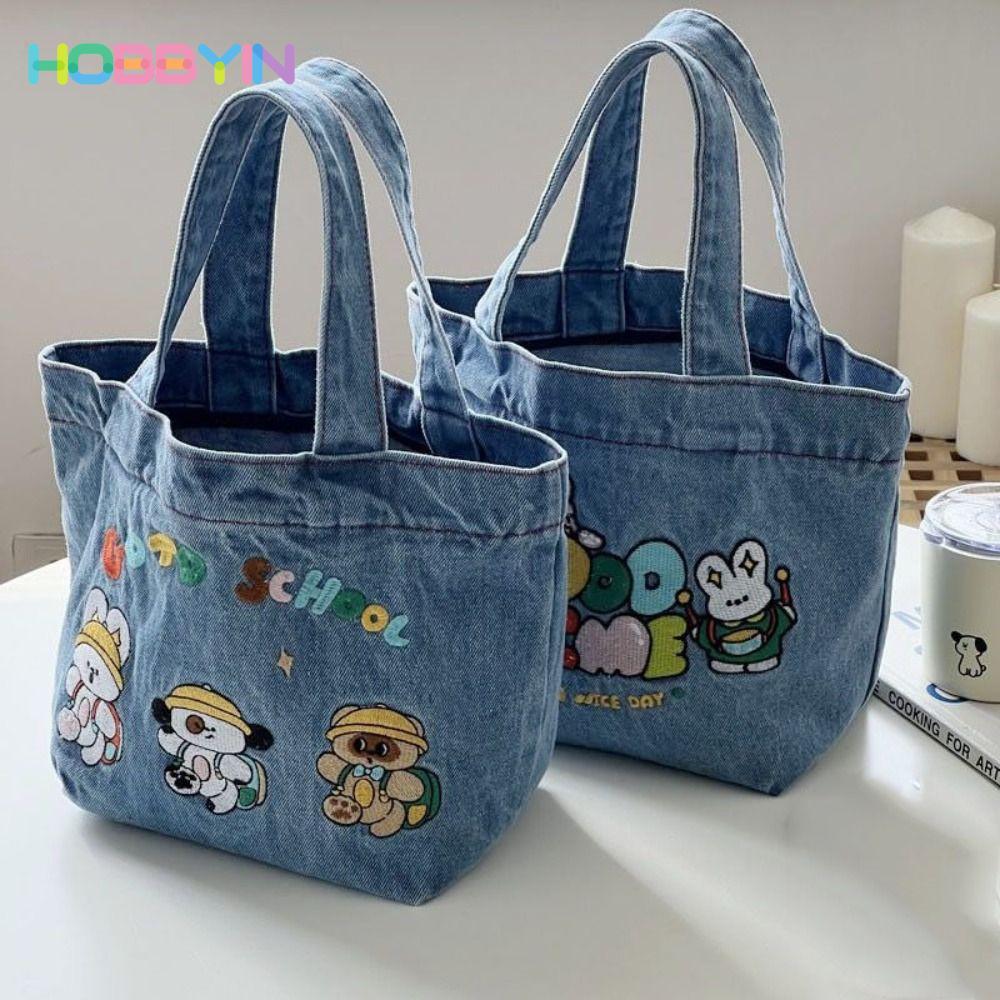Túi Tote HOBBYIN, Túi đựng đồ ăn trưa Denim giặt, Túi xách thêu hoạt hình dung tích lớn dễ thương ngoài trời